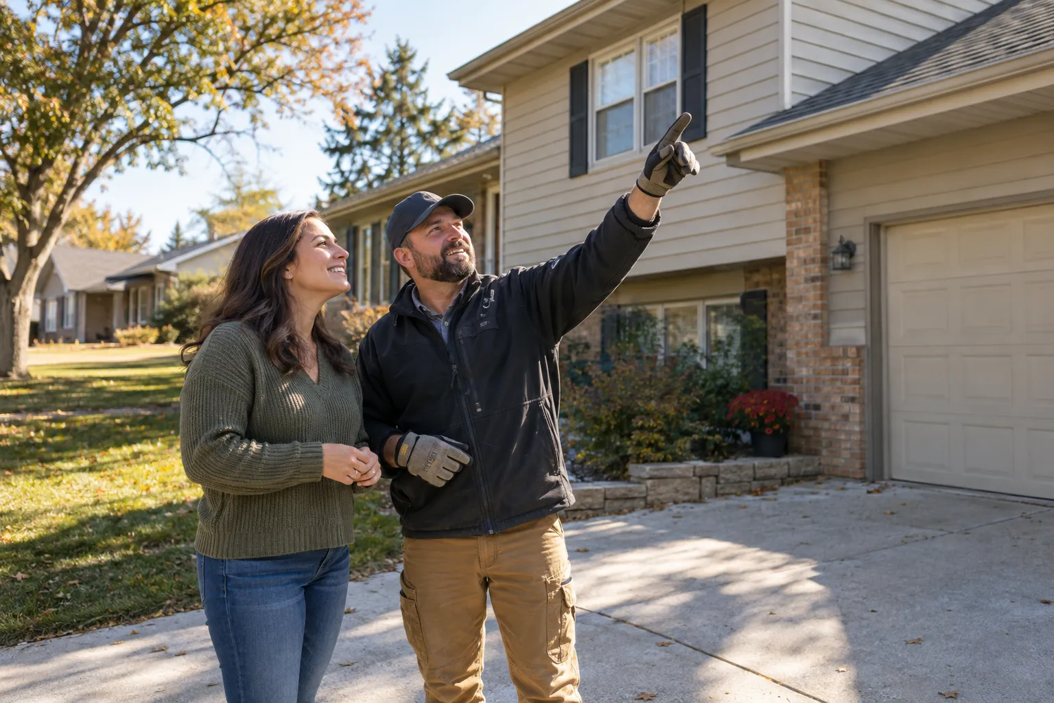 A homeowner reviewing roof details with a local provider near Manassas